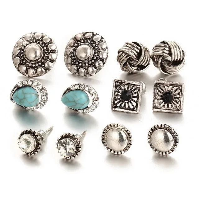 17KM 2017 New Fashion Vintage Punk Accessories Big Blue Stone Flower Earrings For Women Bijoux Brincos Pendientes 6 pairs/ set