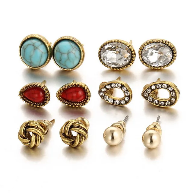 17KM 2017 New Fashion Vintage Punk Accessories Big Blue Stone Flower Earrings For Women Bijoux Brincos Pendientes 6 pairs/ set