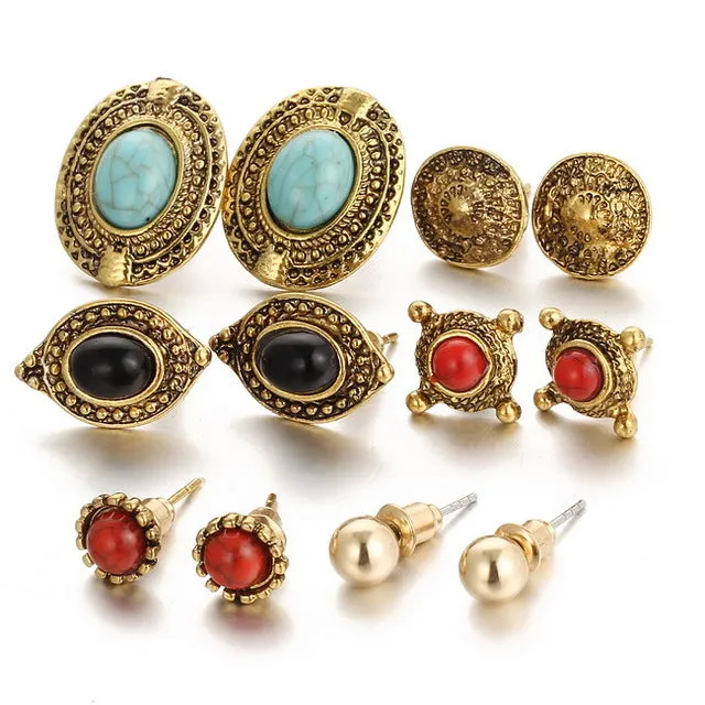 17KM 2017 New Fashion Vintage Punk Accessories Big Blue Stone Flower Earrings For Women Bijoux Brincos Pendientes 6 pairs/ set