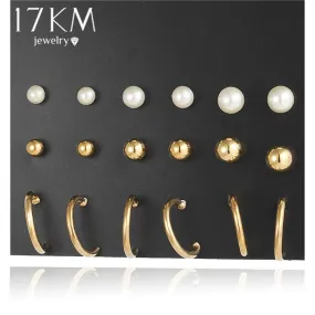 17KM 9 Pairs/Set Vintage Gold Color Simulated Pearl Stud Earrings For Women Men boho Koyle Brincos Clip Cuff Earring Set