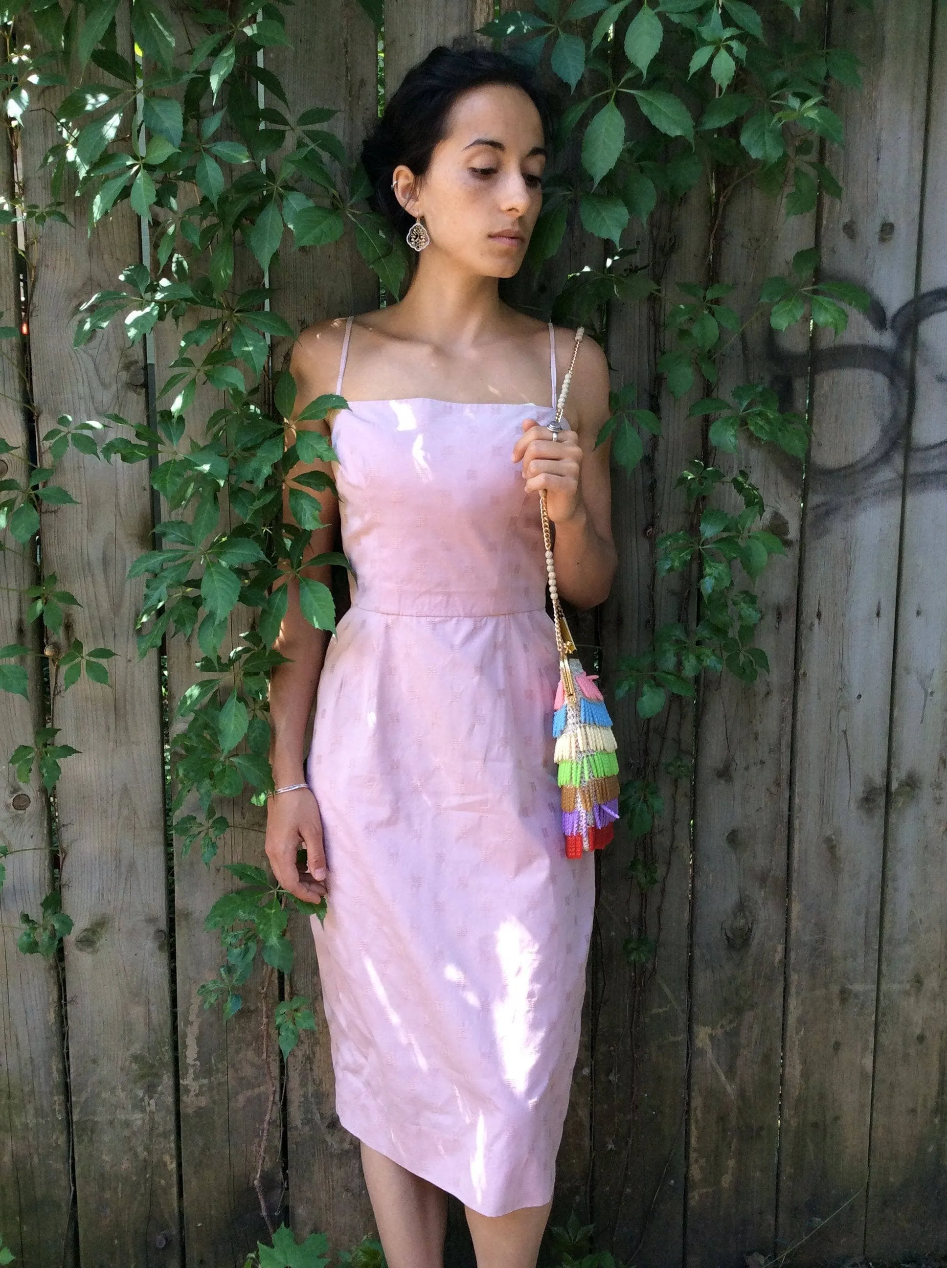 1950s/60s Antique Rose Cotton Jacquard Midi Slip Dress S