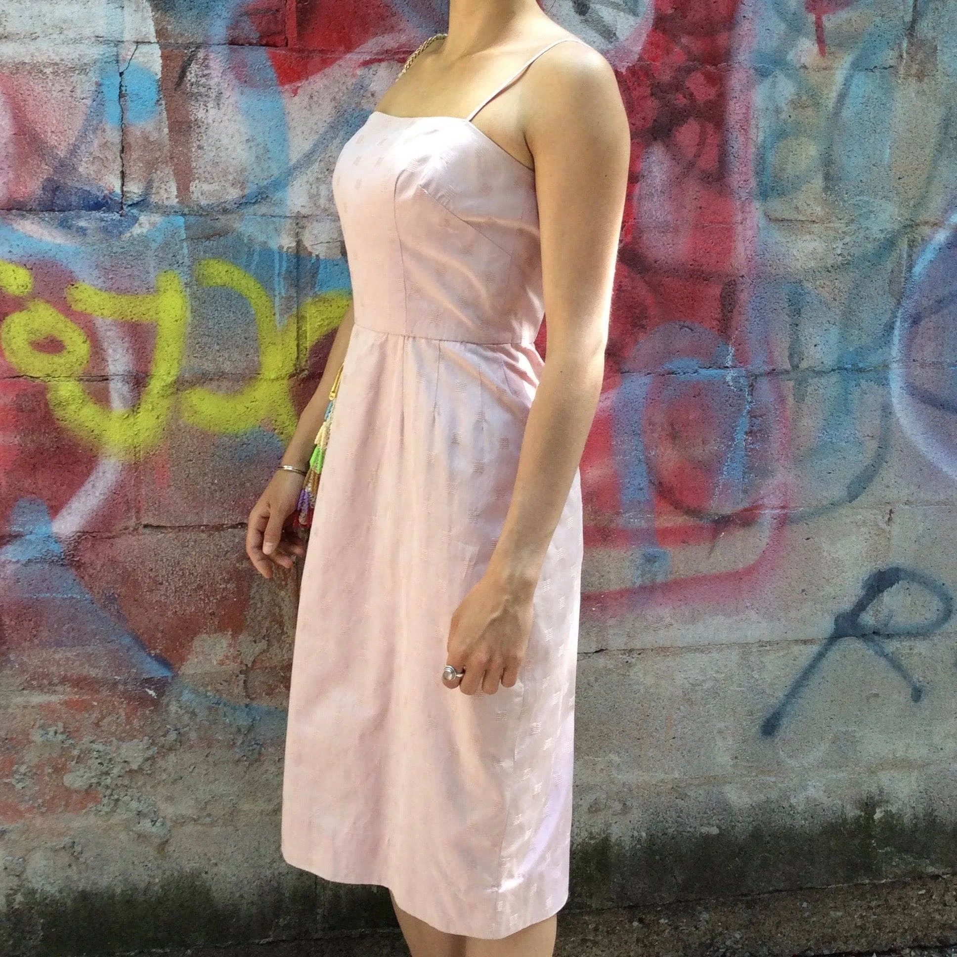 1950s/60s Antique Rose Cotton Jacquard Midi Slip Dress S