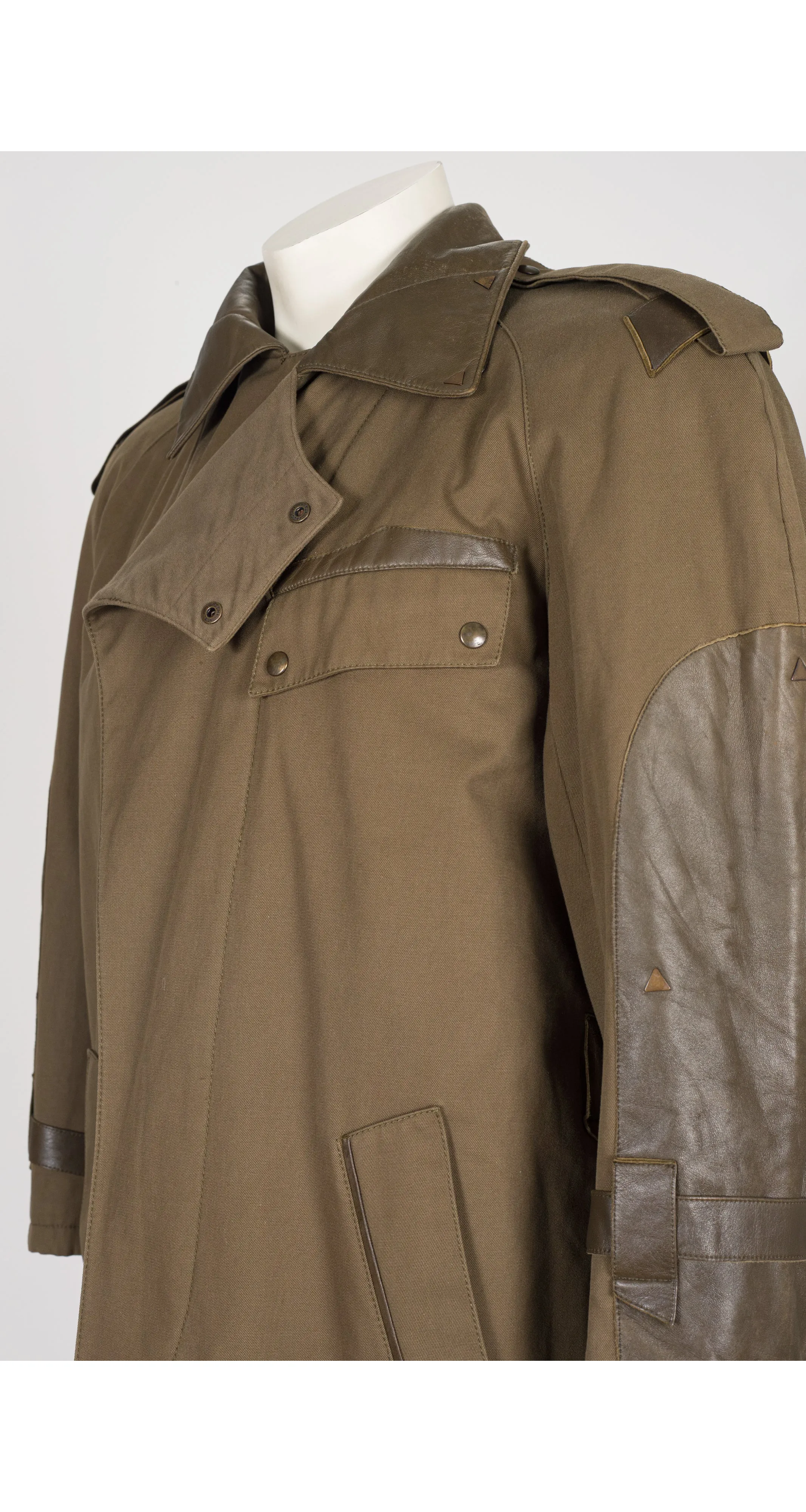 1980s Men's Olive Cotton Gabardine & Leather Coat