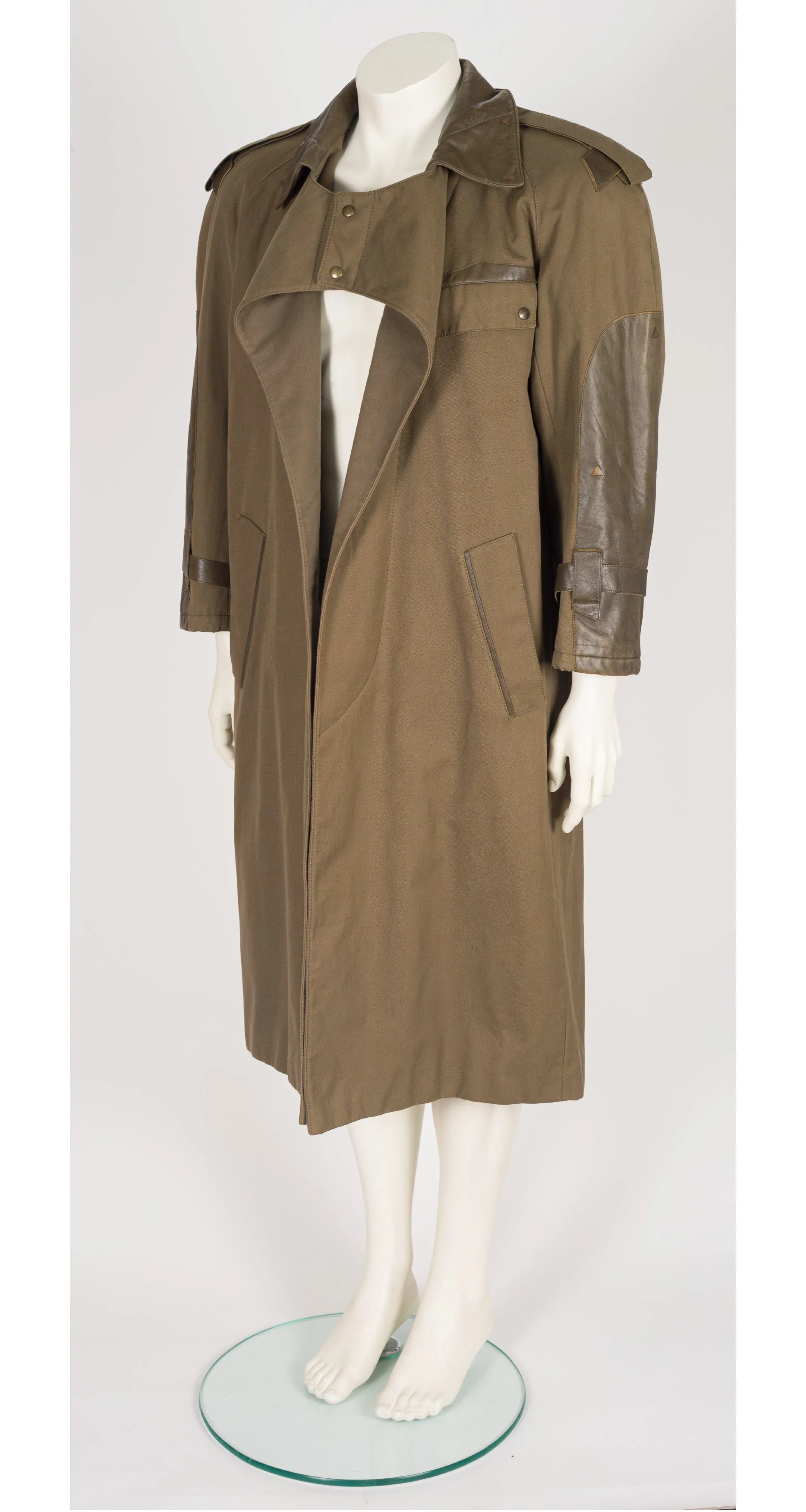 1980s Men's Olive Cotton Gabardine & Leather Coat