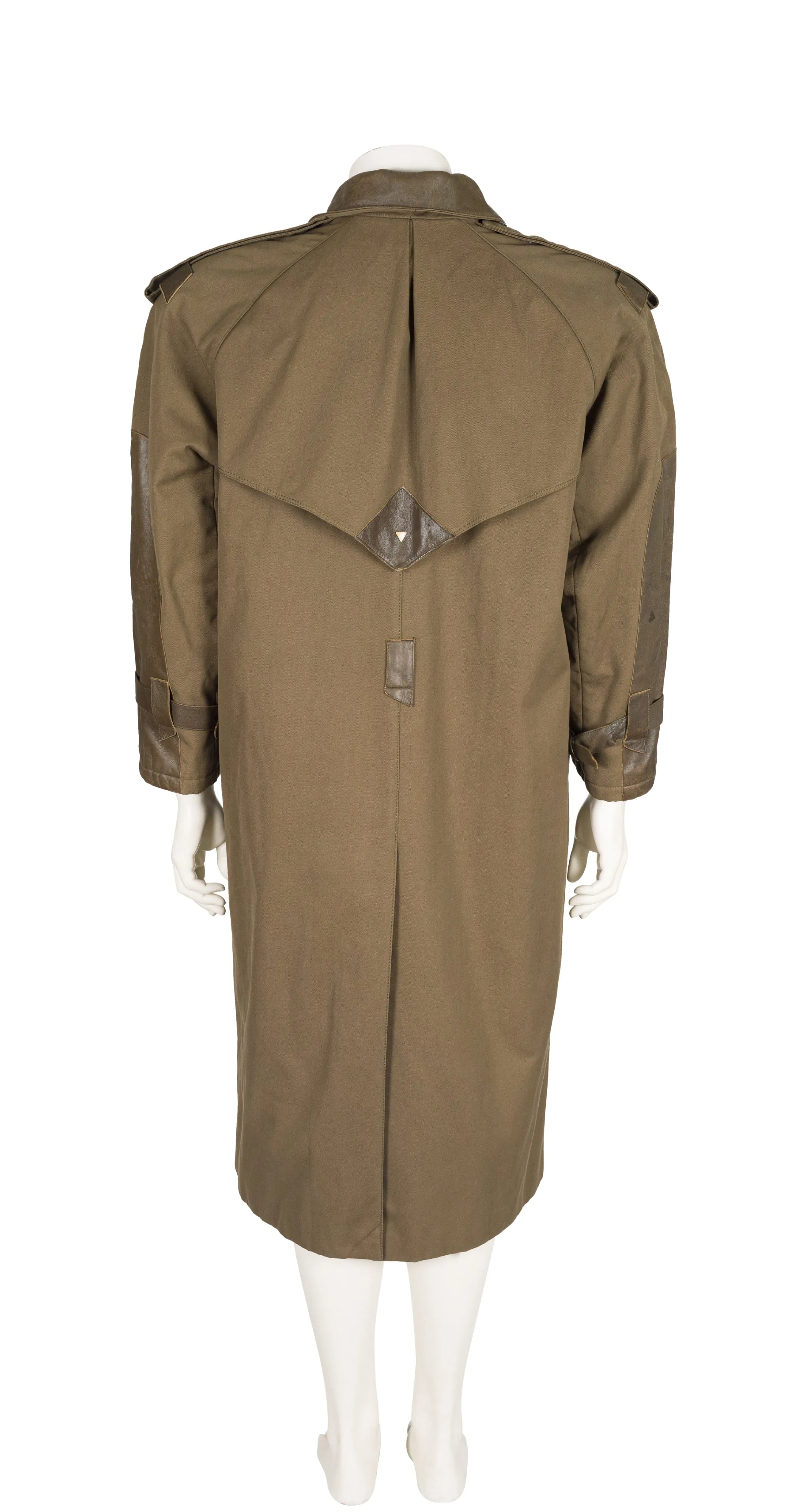 1980s Men's Olive Cotton Gabardine & Leather Coat
