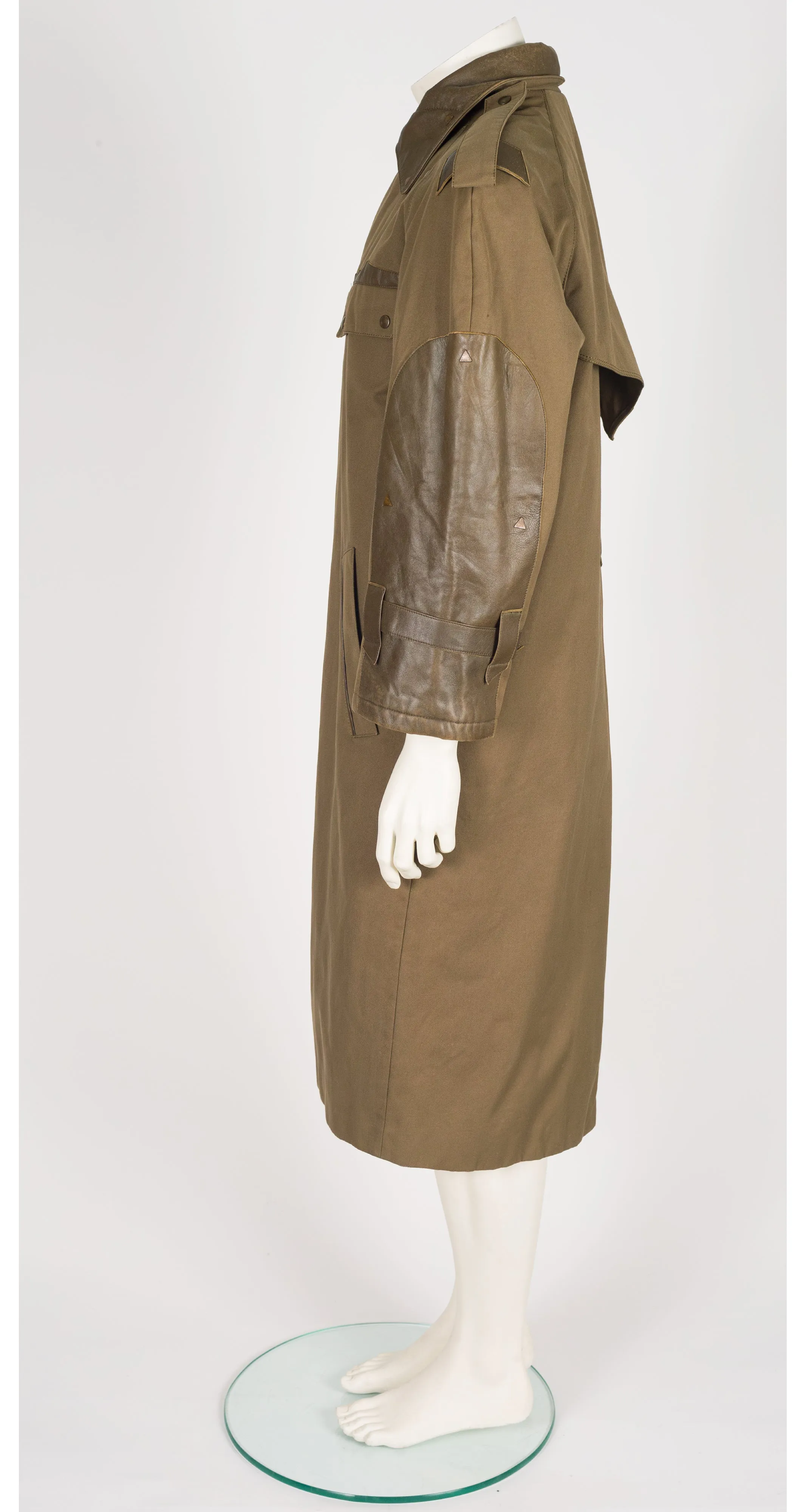 1980s Men's Olive Cotton Gabardine & Leather Coat