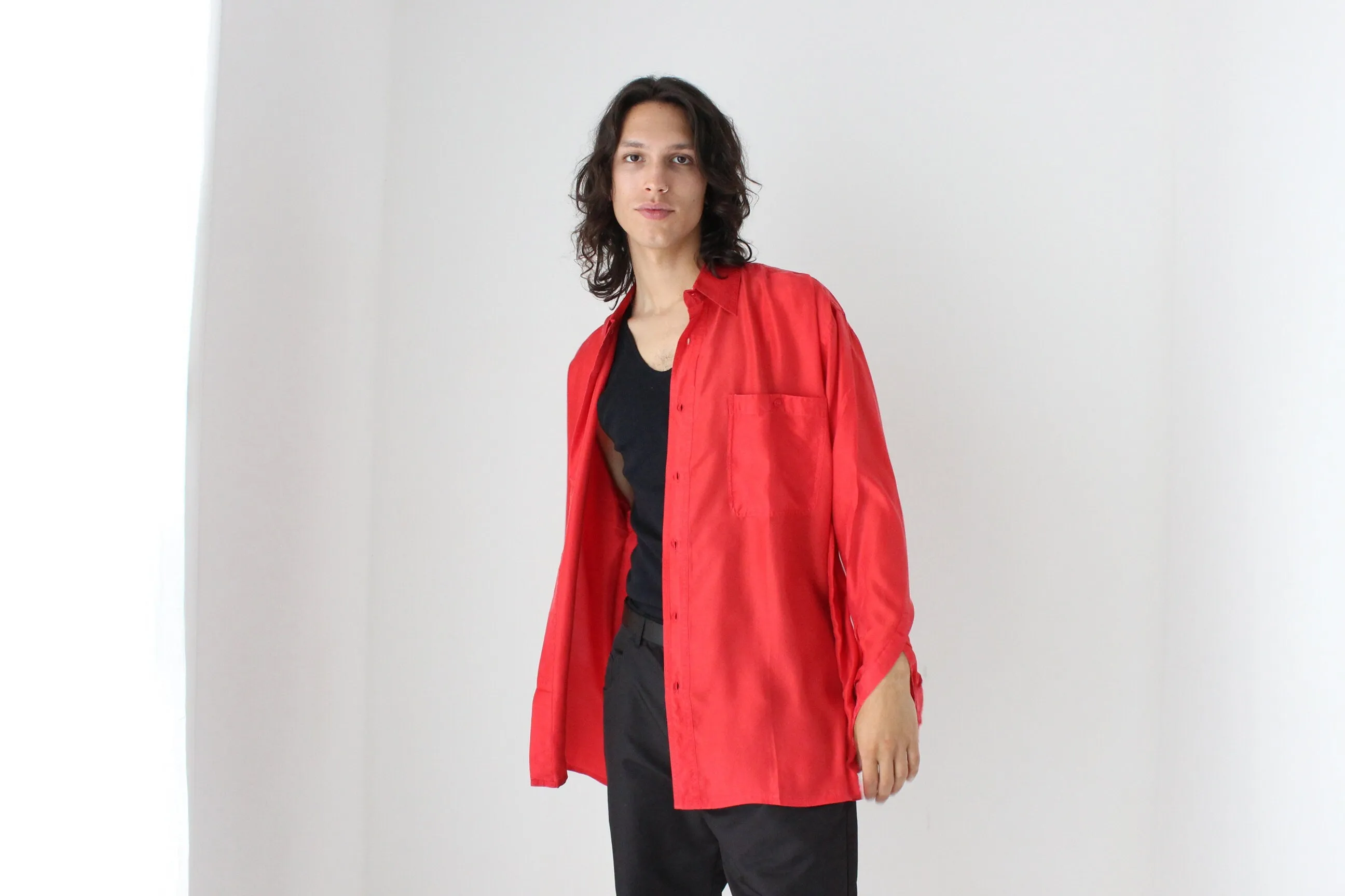 80s PURE SILK Relaxed Long Sleeve Shirt in Vibrant Red