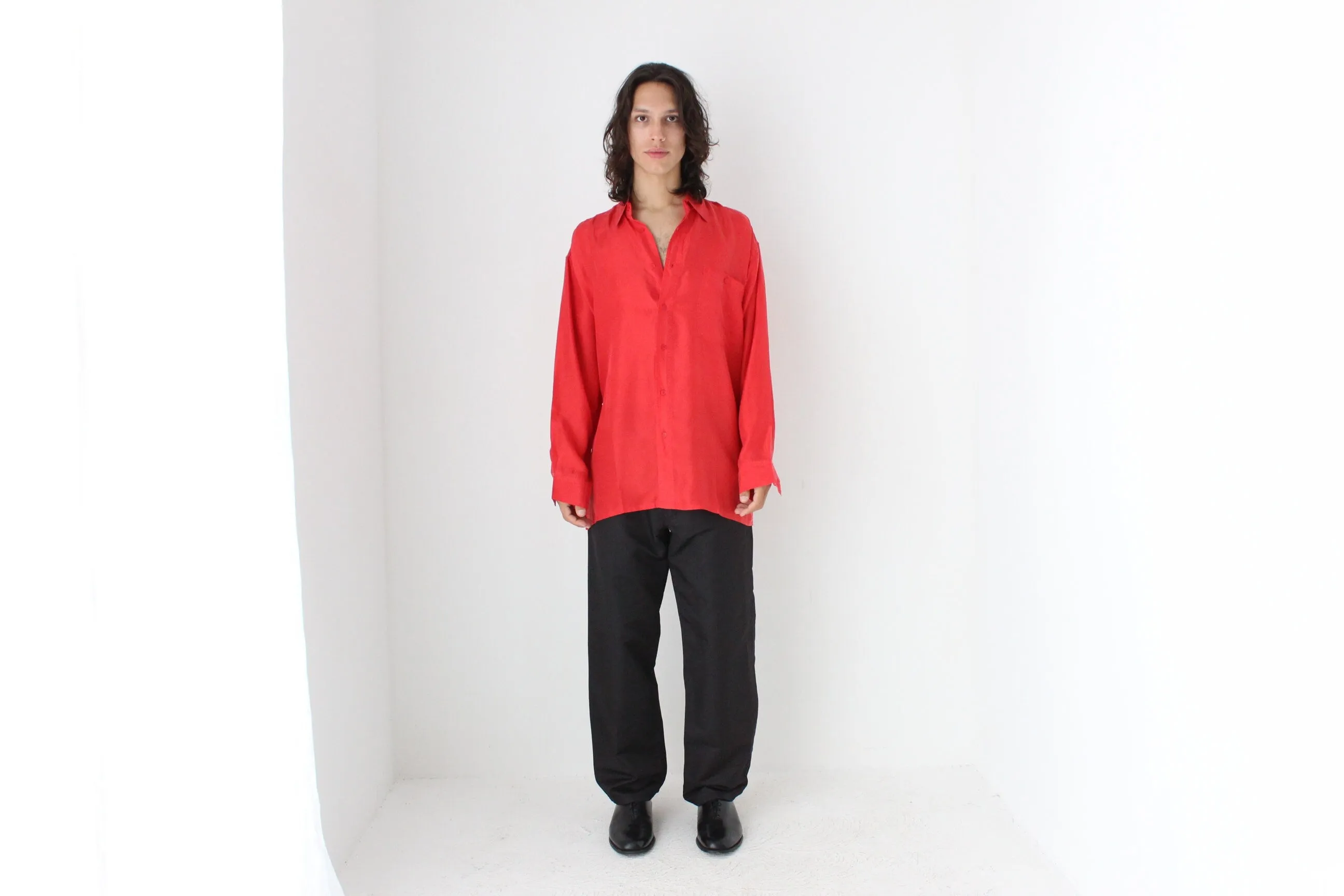 80s PURE SILK Relaxed Long Sleeve Shirt in Vibrant Red