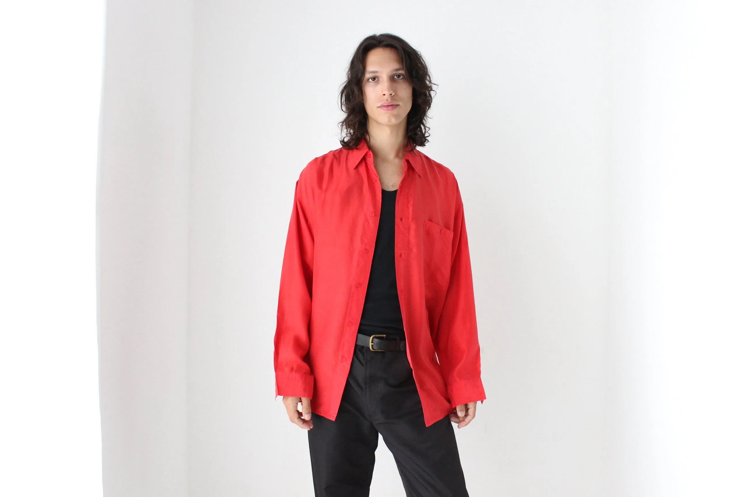 80s PURE SILK Relaxed Long Sleeve Shirt in Vibrant Red