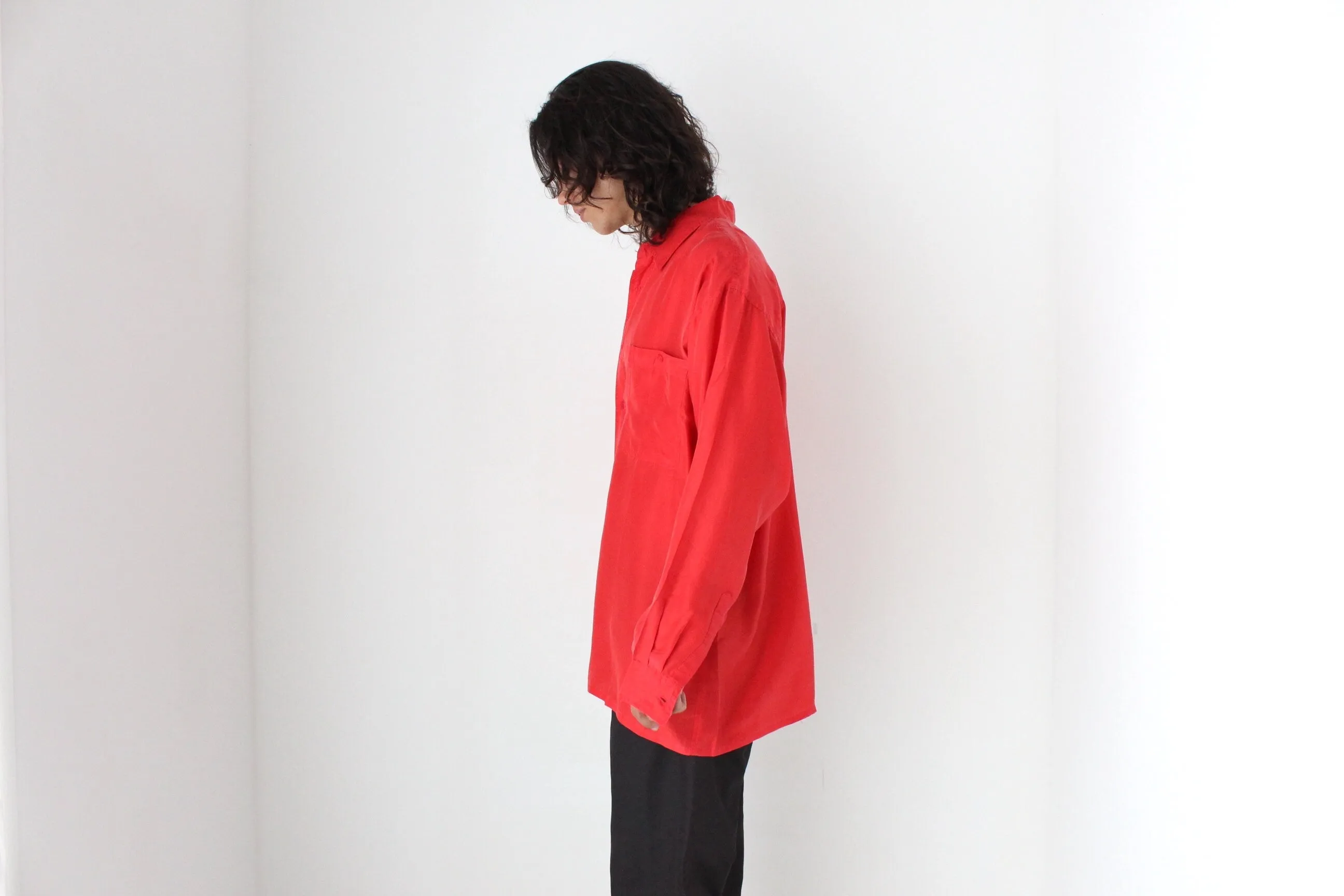 80s PURE SILK Relaxed Long Sleeve Shirt in Vibrant Red