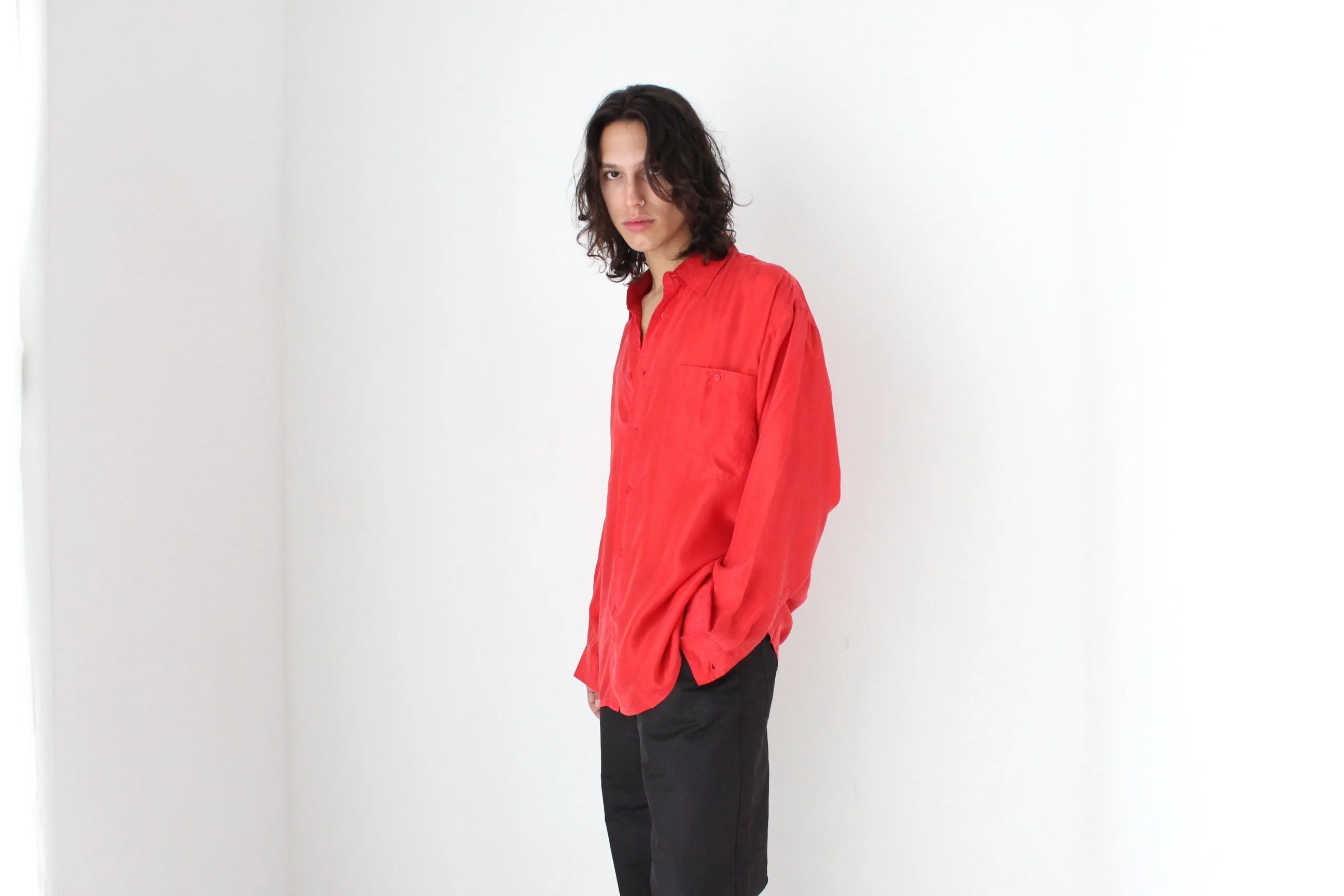 80s PURE SILK Relaxed Long Sleeve Shirt in Vibrant Red