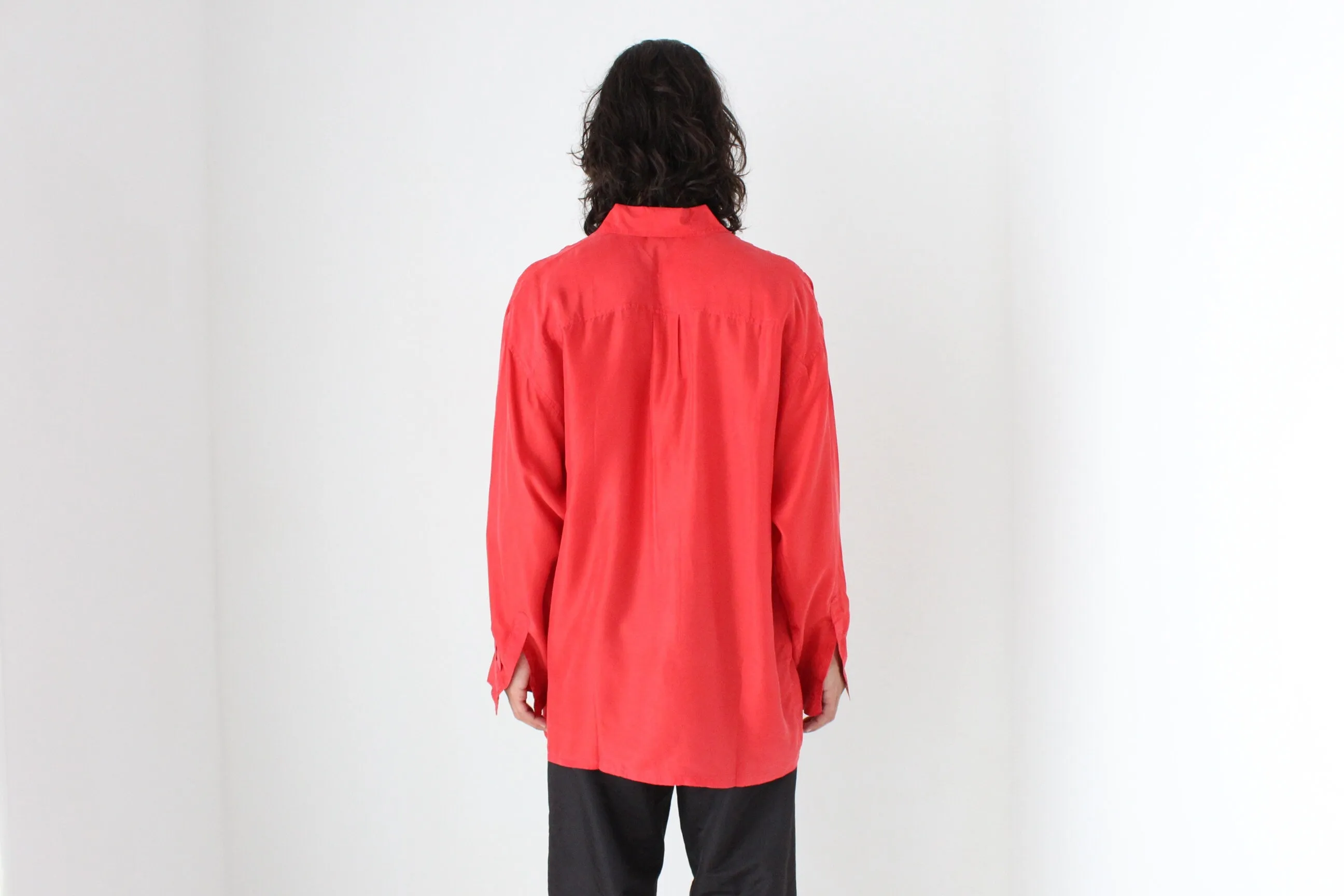 80s PURE SILK Relaxed Long Sleeve Shirt in Vibrant Red