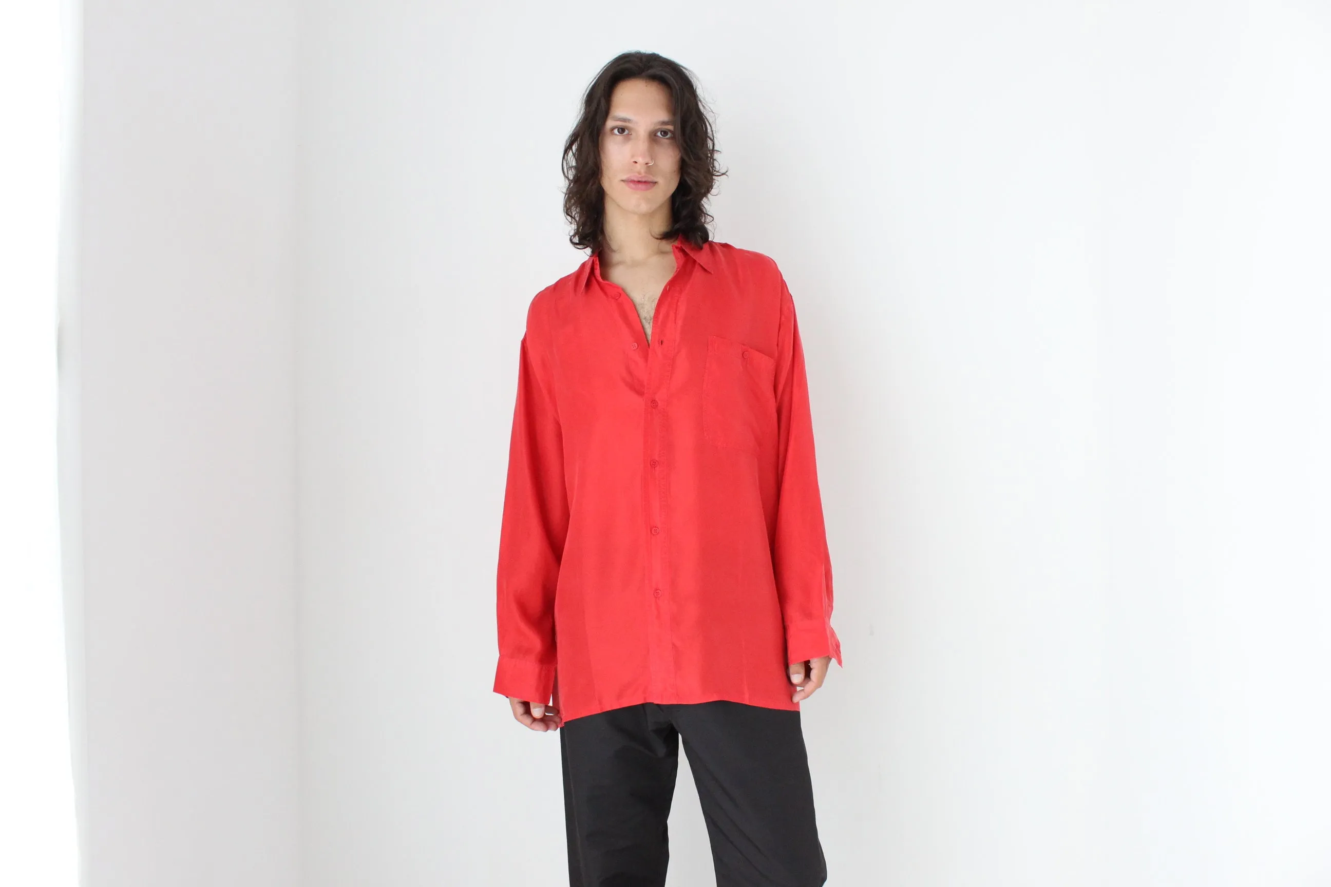 80s PURE SILK Relaxed Long Sleeve Shirt in Vibrant Red