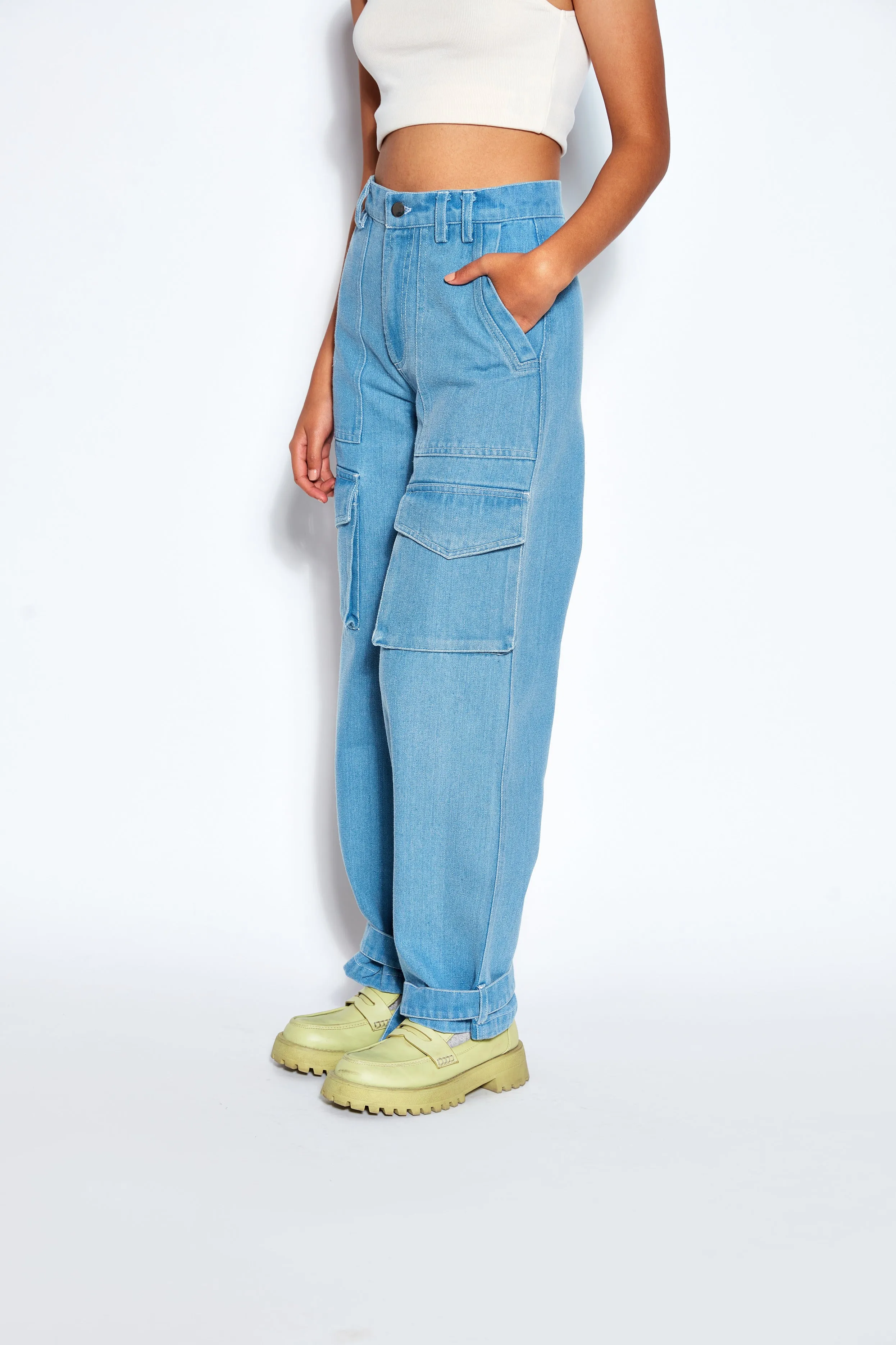 90s Baggy Denim Cargo Jeans- Blue