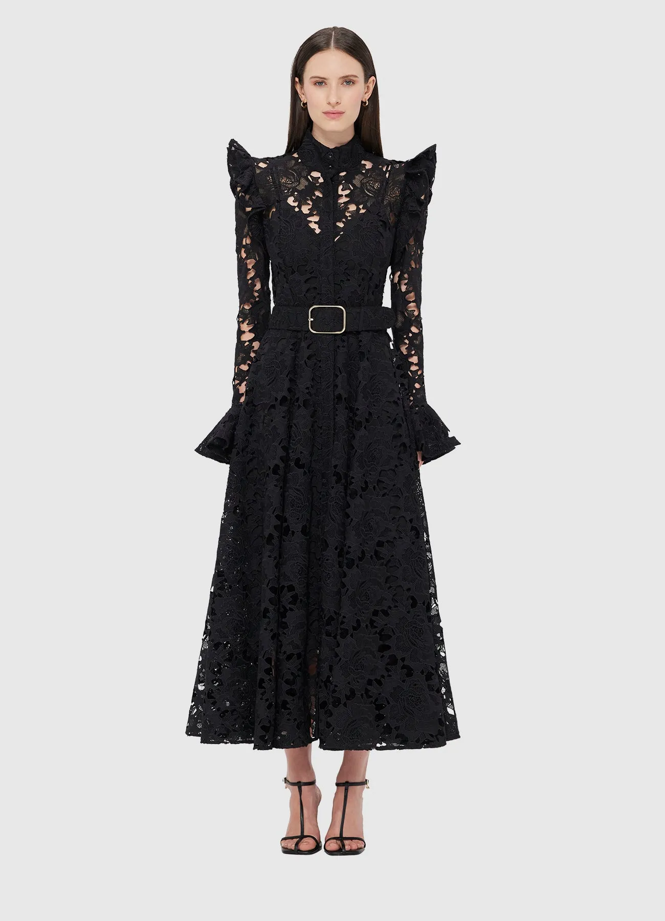 Aliyah Lace Butterfly Sleeve Midi Dress - Ebony