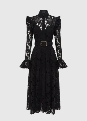 Aliyah Lace Butterfly Sleeve Midi Dress - Ebony