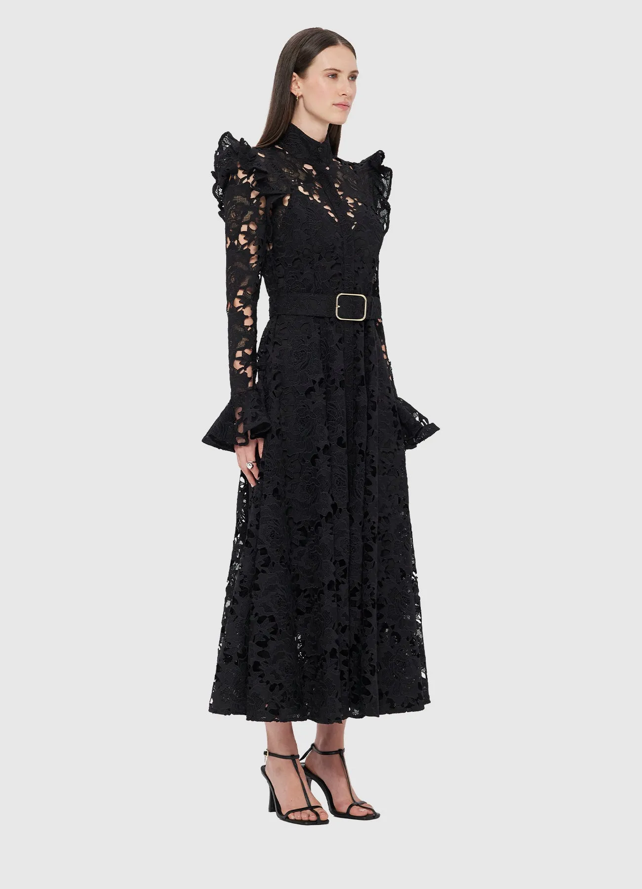 Aliyah Lace Butterfly Sleeve Midi Dress - Ebony
