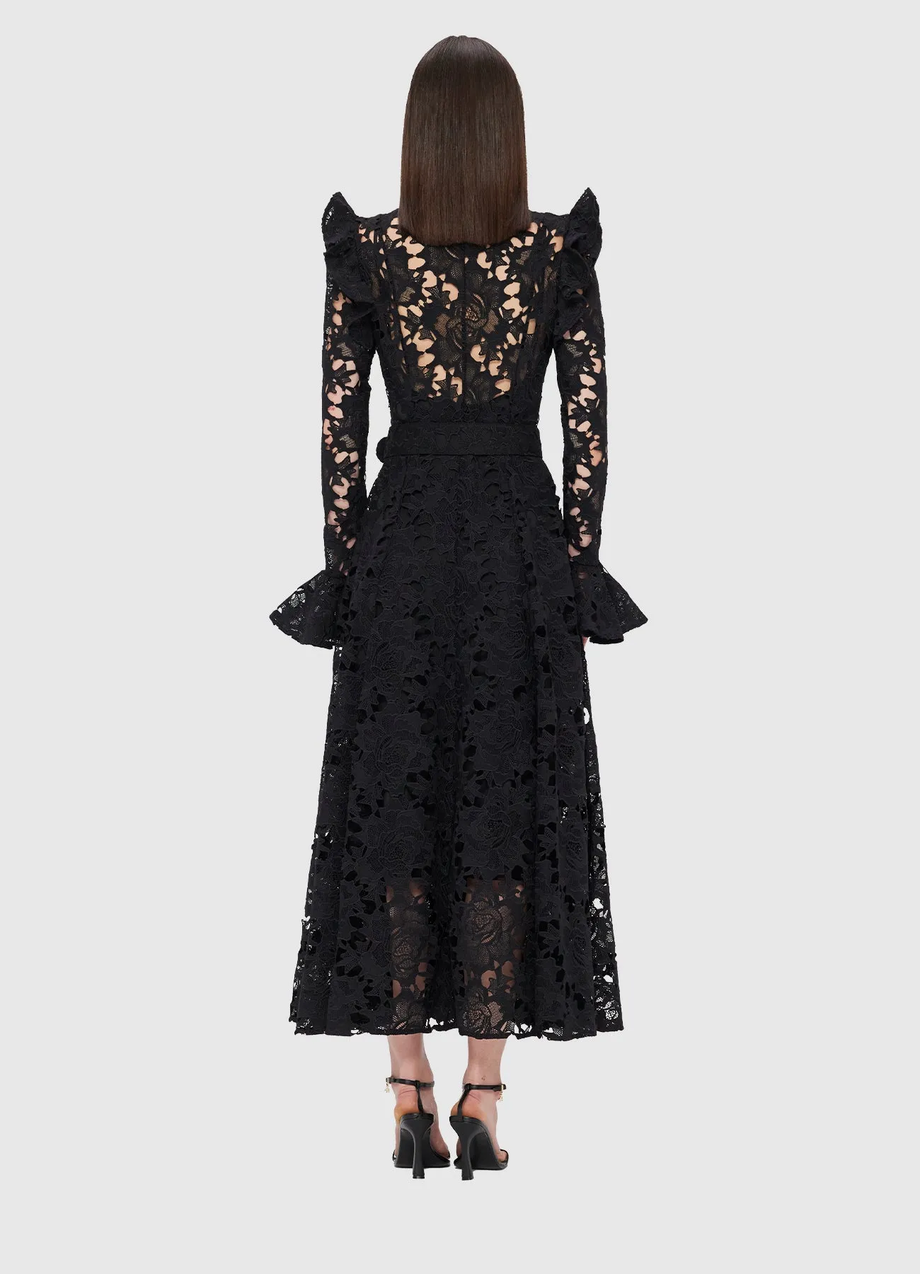 Aliyah Lace Butterfly Sleeve Midi Dress - Ebony