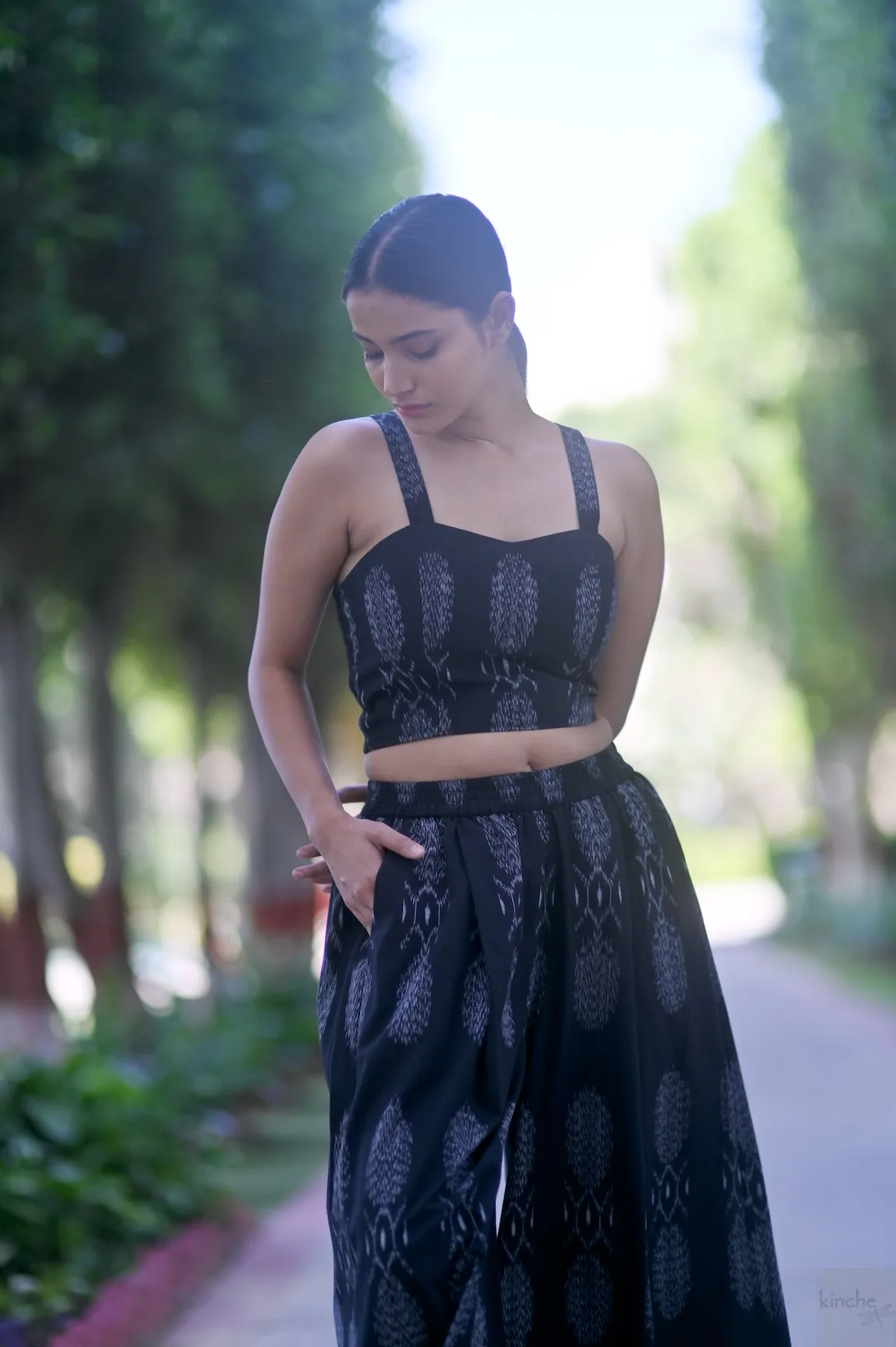 Asaka, Black Ikat Weave Coord Set, Blazer & Flared Pants with a Bustier