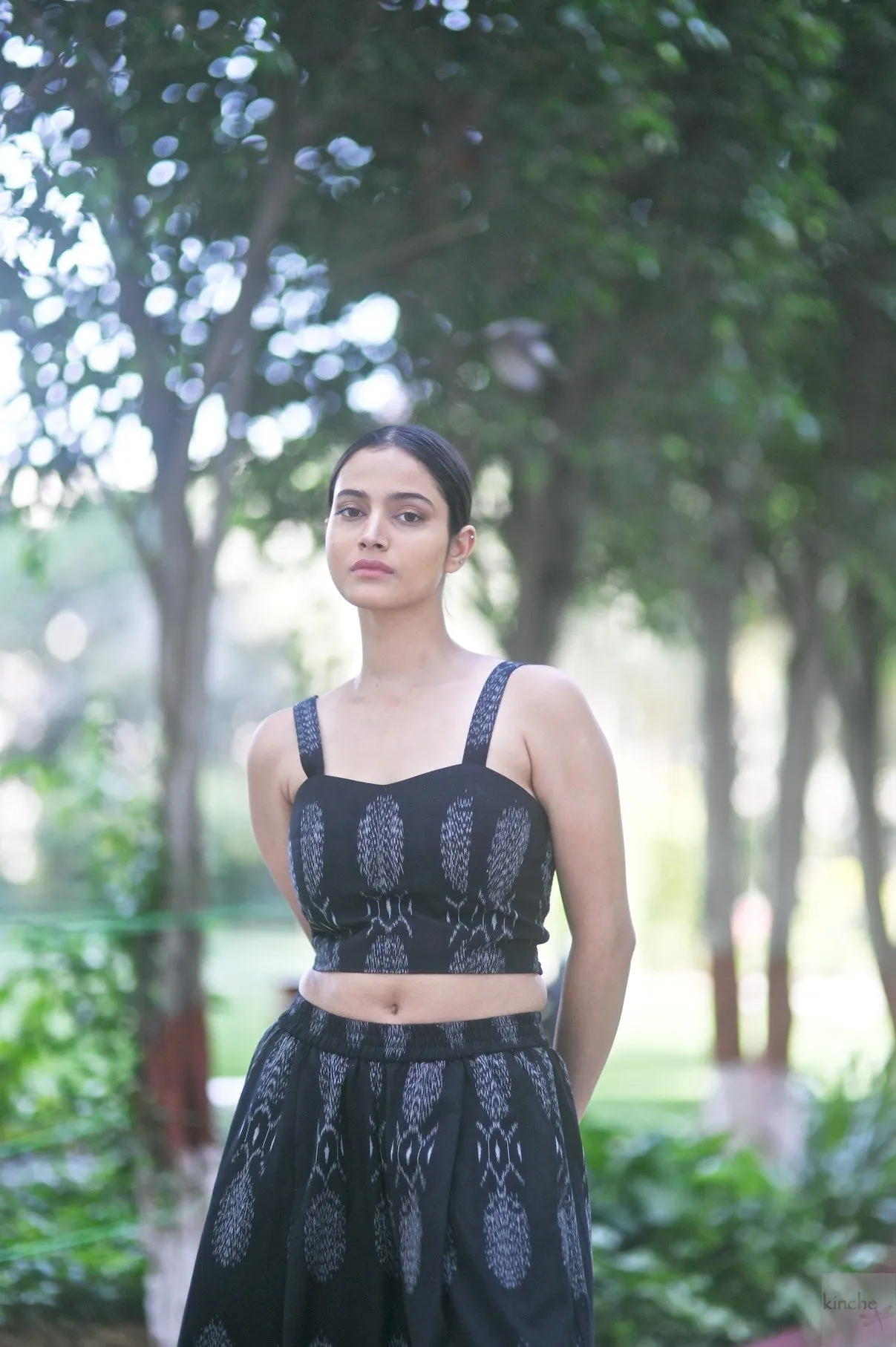 Asaka, Black Ikat Weave Coord Set, Blazer & Flared Pants with a Bustier
