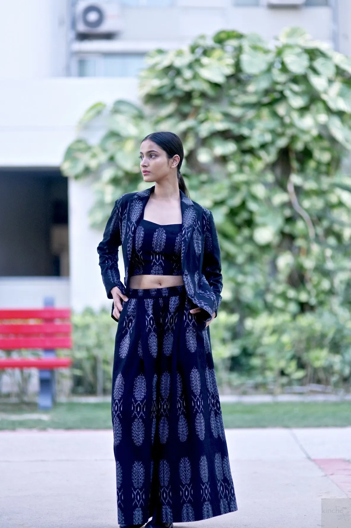 Asaka, Black Ikat Weave Coord Set, Blazer & Flared Pants with a Bustier