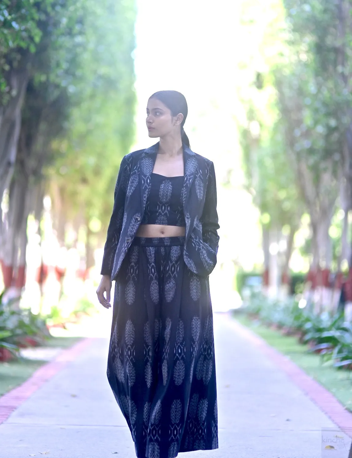 Asaka, Black Ikat Weave Coord Set, Blazer & Flared Pants with a Bustier