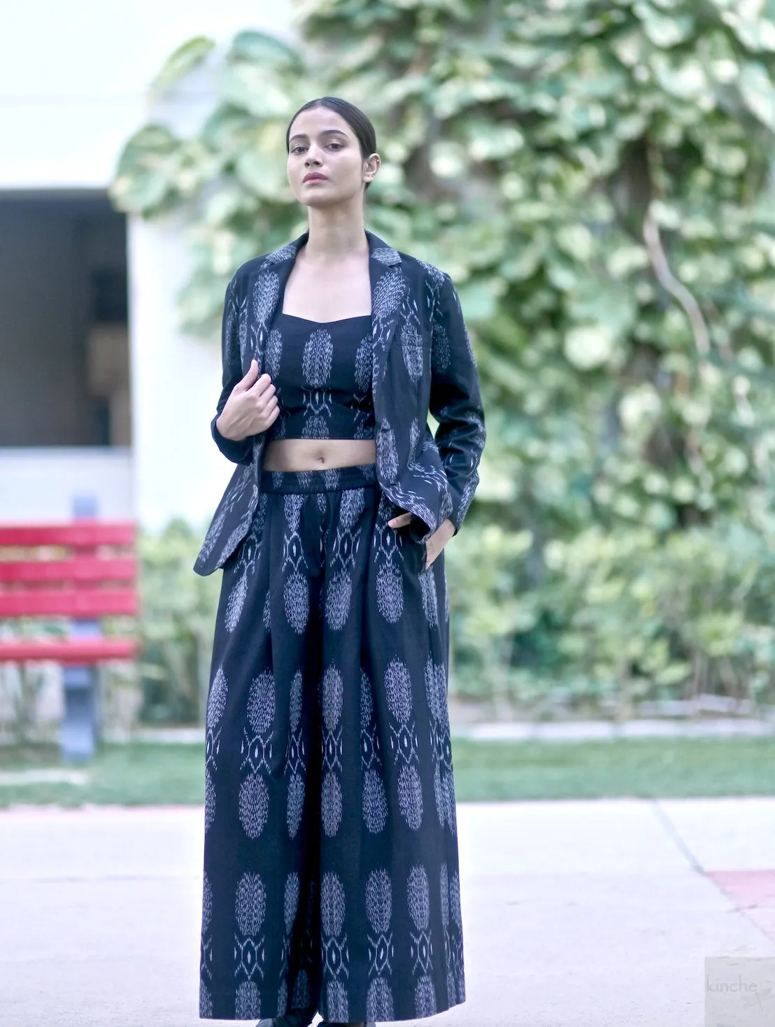 Asaka, Black Ikat Weave Coord Set, Blazer & Flared Pants with a Bustier