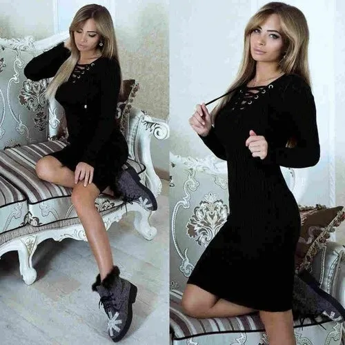 Autumn Winter Sweater Dress Women V Neck Long Sleeve Knit Bodycon