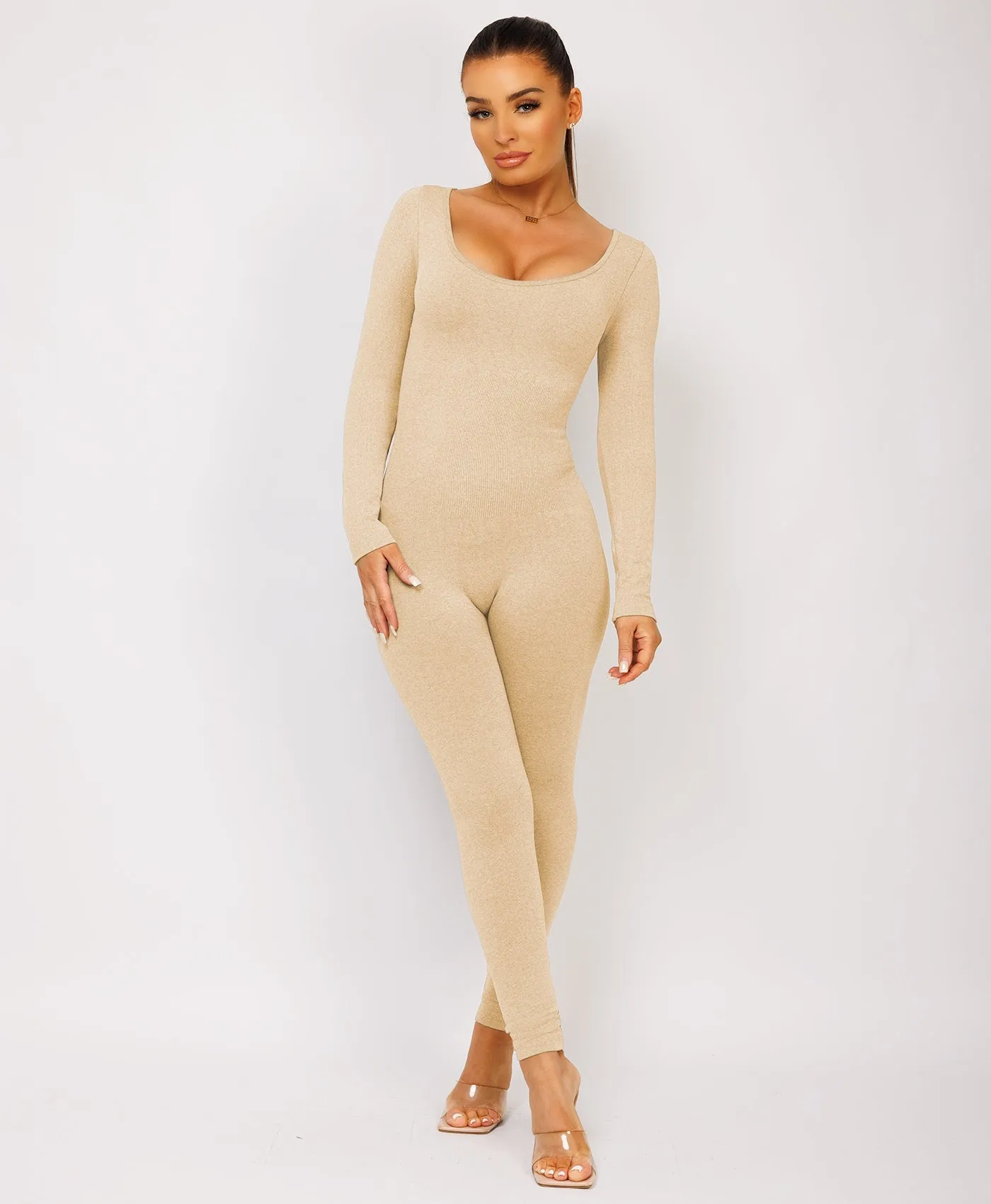Beige Elastic Ribbed Waist Round Neck Jumpsuit