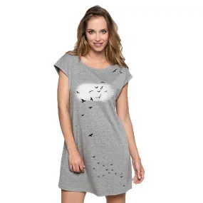 Birds flowy t-shirt dress, grey