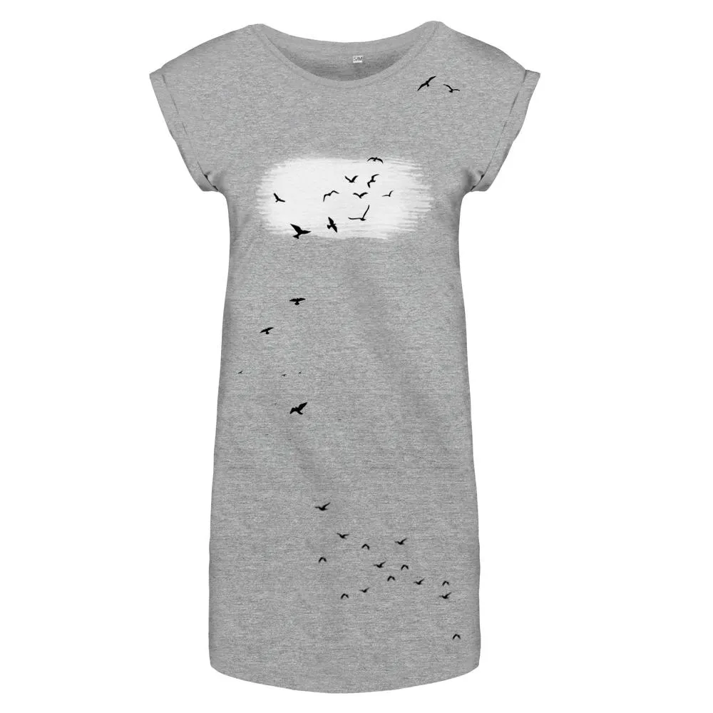 Birds flowy t-shirt dress, grey