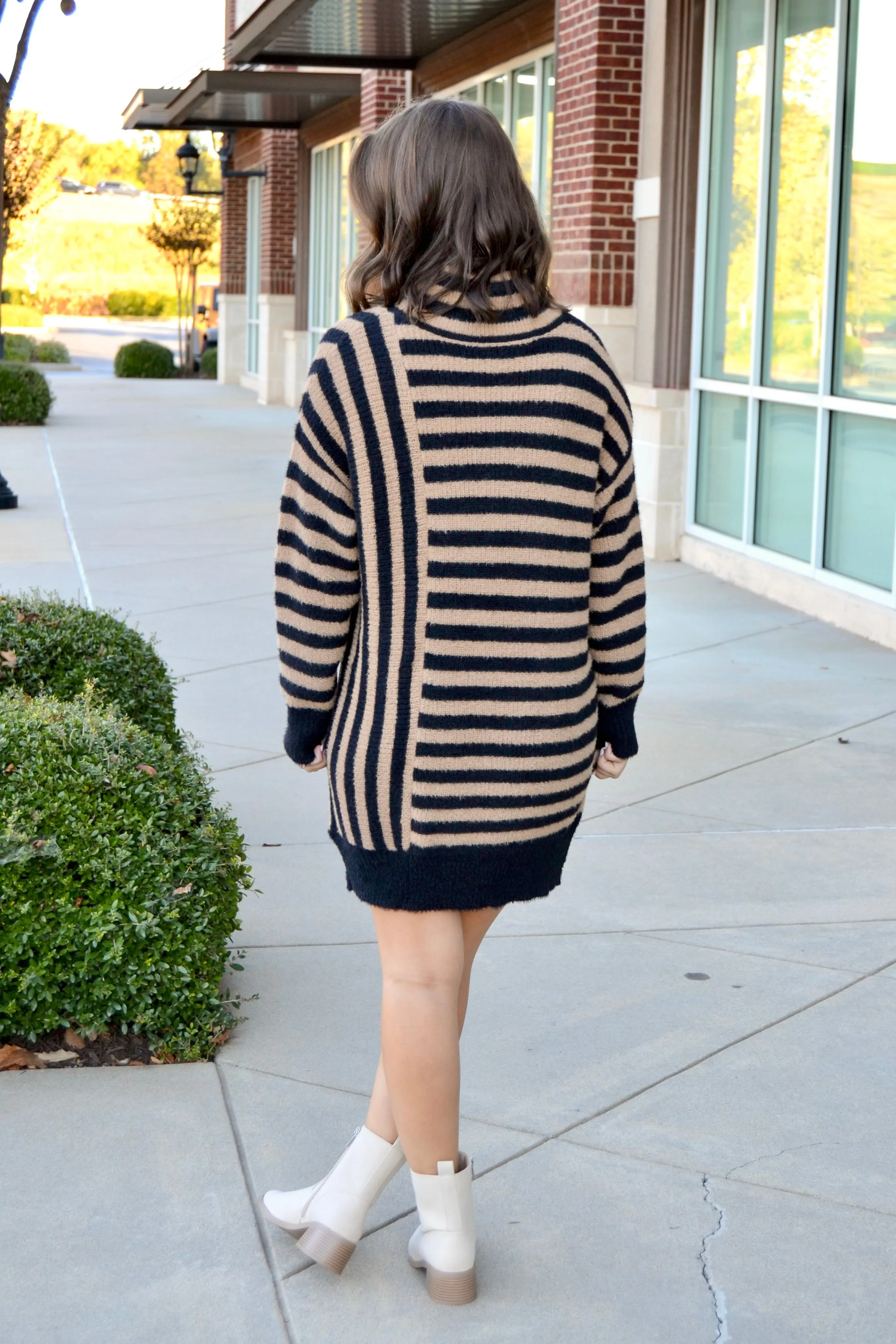 Black & taupe stripe sweater dress