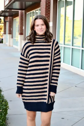 Black & taupe stripe sweater dress