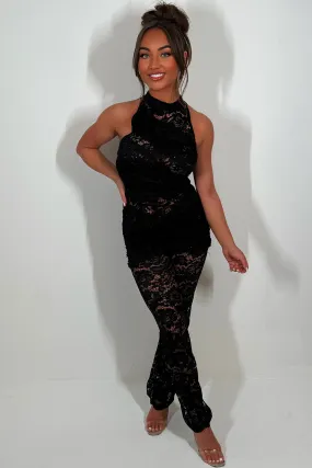 Black Lace Jumpsuit With Rose Applique