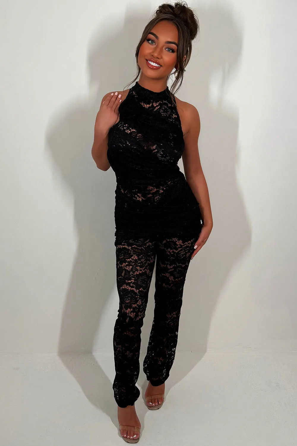Black Lace Jumpsuit With Rose Applique