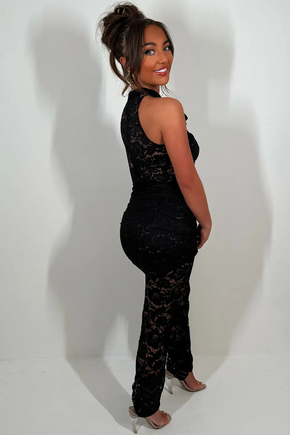 Black Lace Jumpsuit With Rose Applique