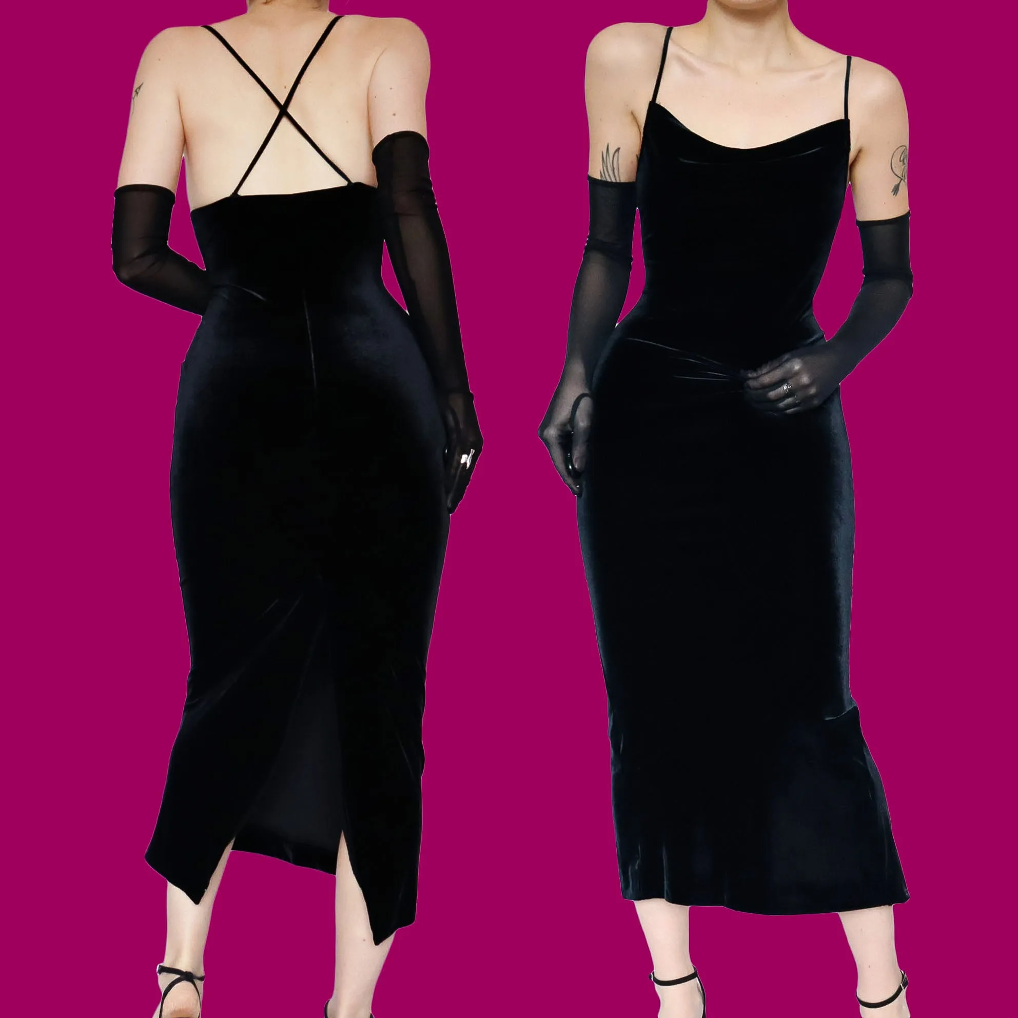 Black velvet slip midi dress UK 10