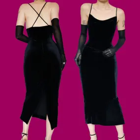 Black velvet slip midi dress UK 10