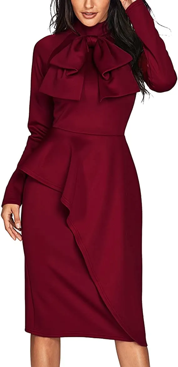 Black Womens Tie Neck Peplum Waist Long Sleeve Bodycon Business Dress - CILKOO