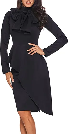 Black Womens Tie Neck Peplum Waist Long Sleeve Bodycon Business Dress - CILKOO