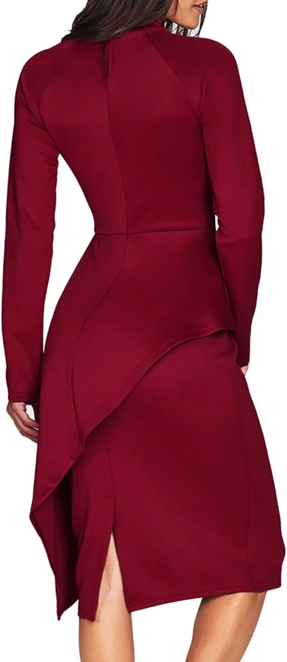 Black Womens Tie Neck Peplum Waist Long Sleeve Bodycon Business Dress - CILKOO
