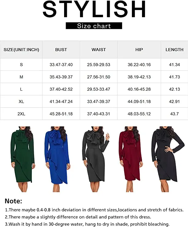 Black Womens Tie Neck Peplum Waist Long Sleeve Bodycon Business Dress - CILKOO