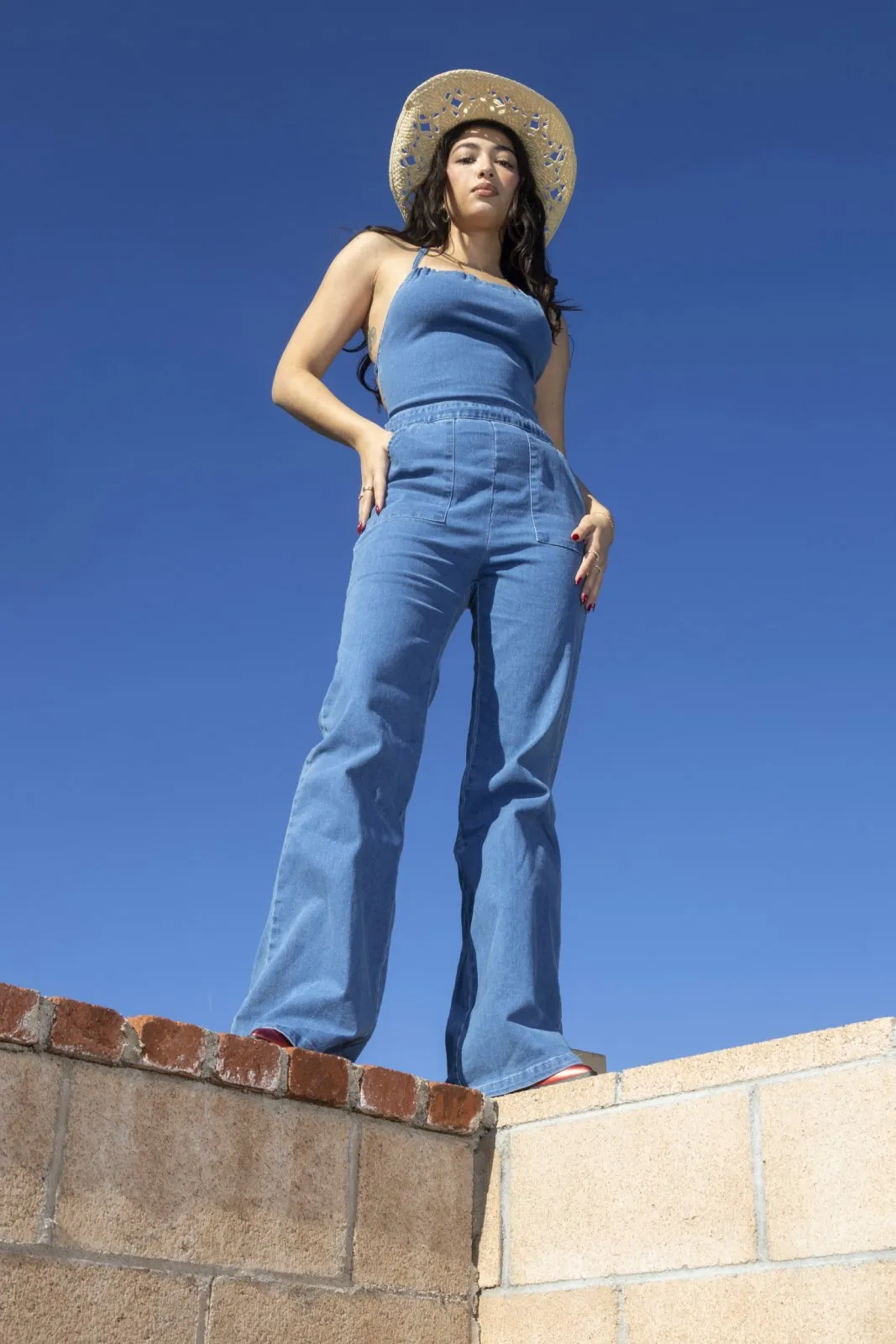 Blue Lace Up Backless Flared Denim Jumpsuit
