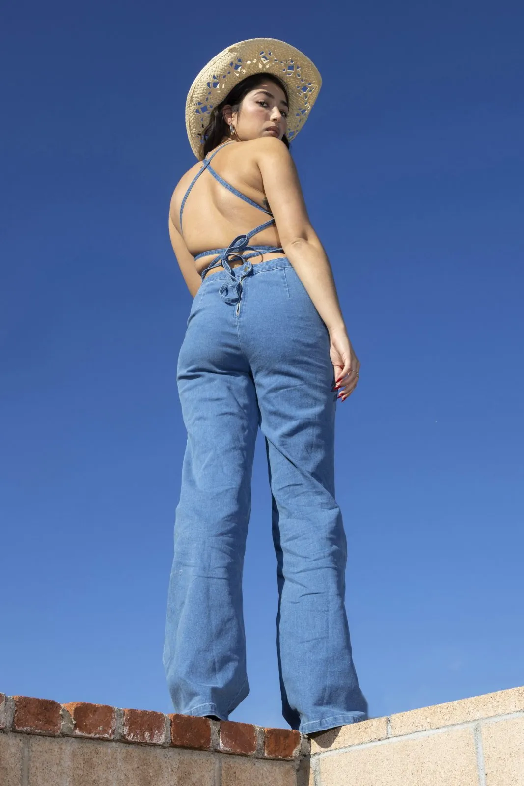 Blue Lace Up Backless Flared Denim Jumpsuit