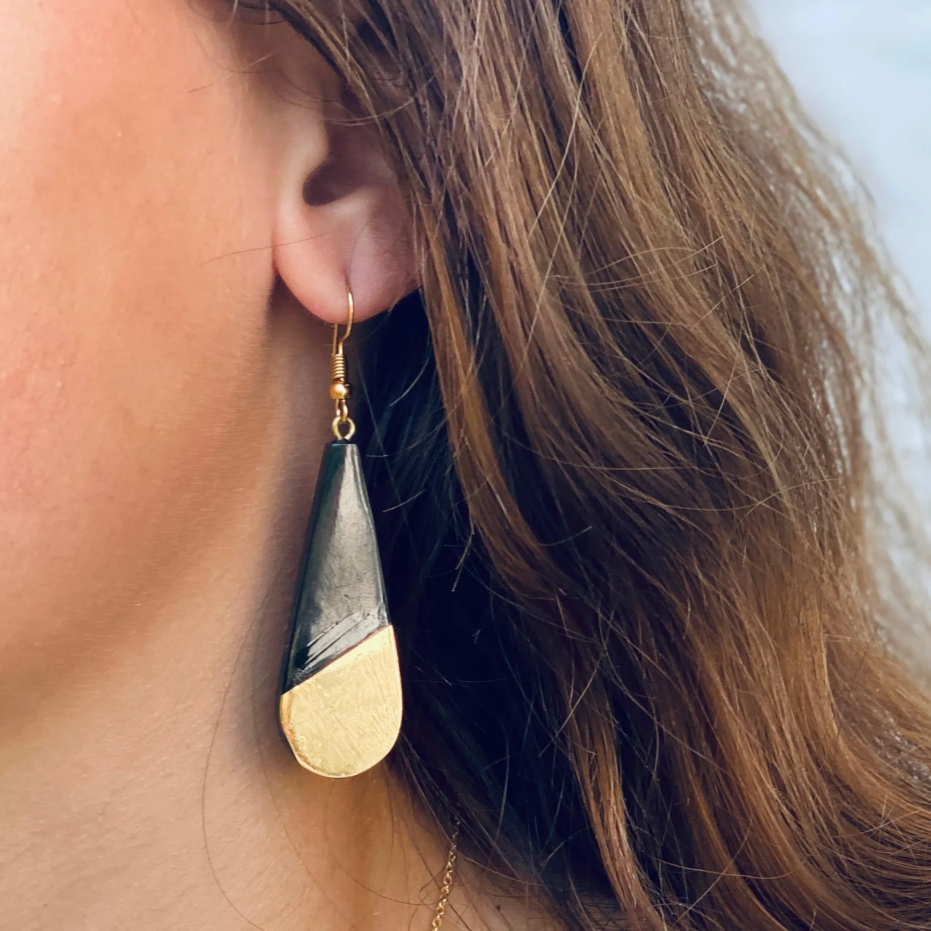 Brass and Black Horn Bisected Teardrop Earrings