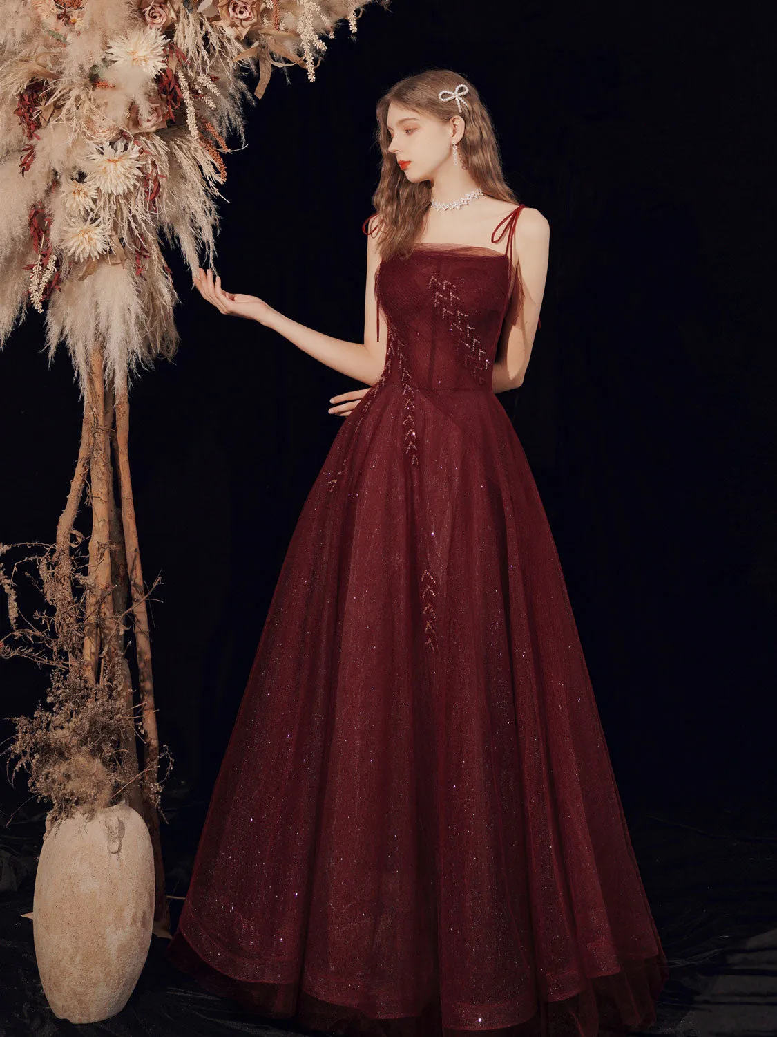 Burgundy Tulle Sequin Long Prom Dress Burgundy Tulle Formal Dress