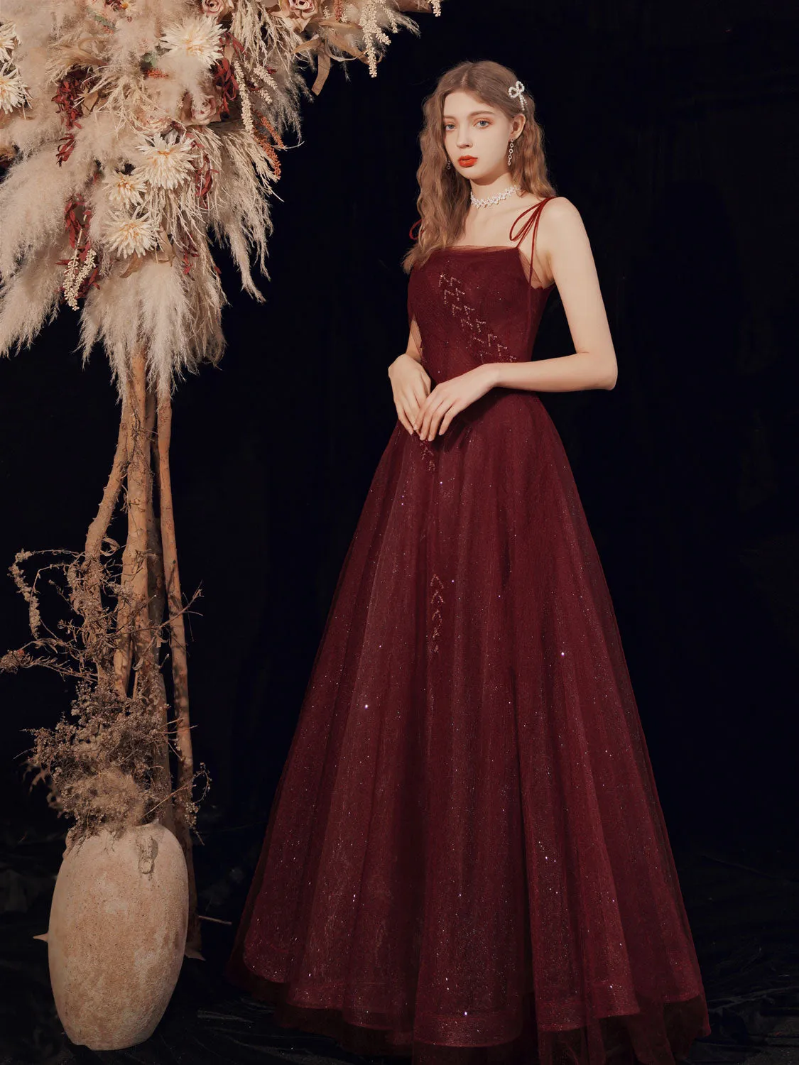 Burgundy Tulle Sequin Long Prom Dress Burgundy Tulle Formal Dress