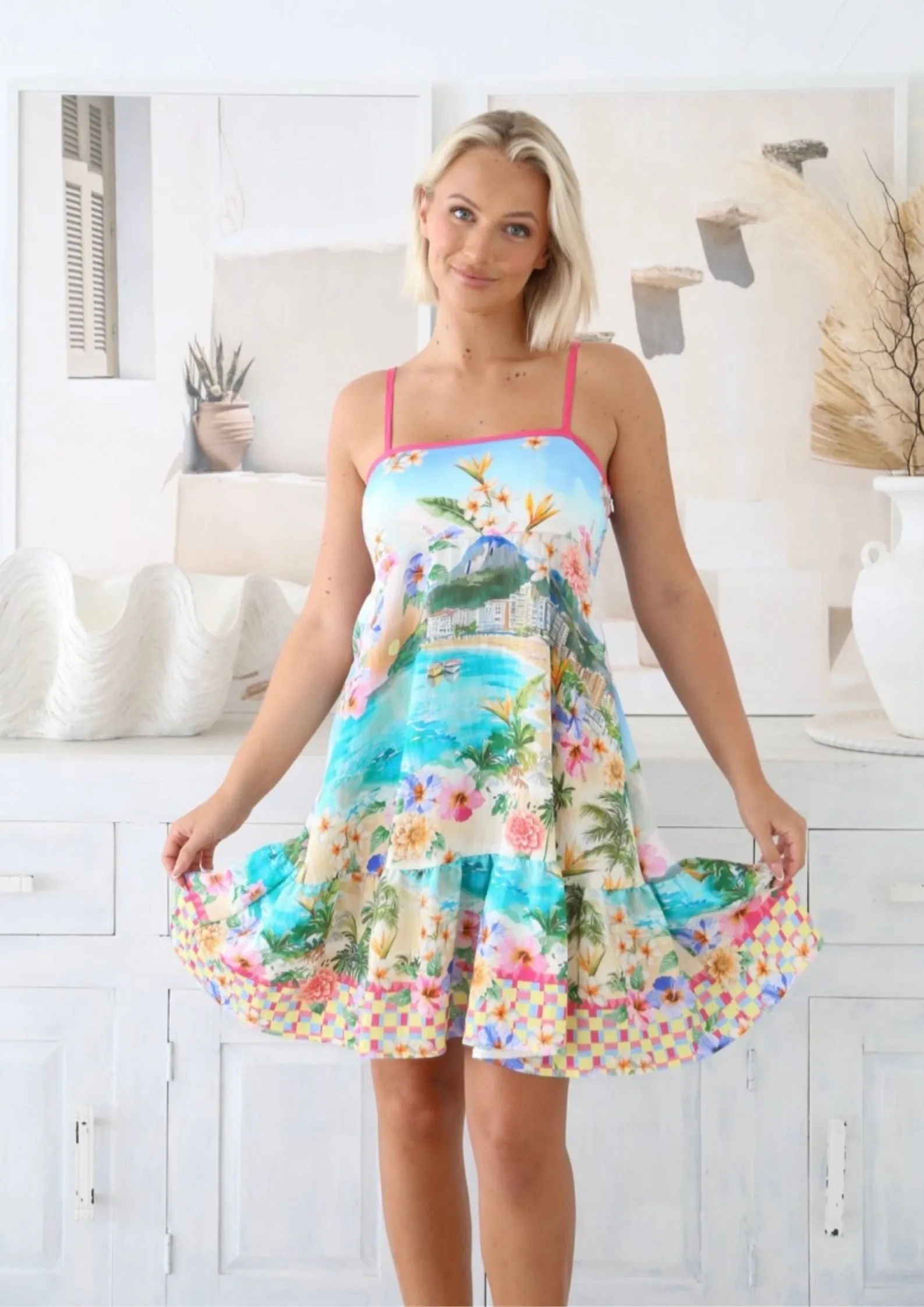 Ceci Strappy Short Dress in Acapulco Print