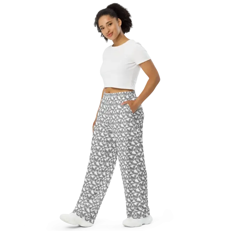 Chic Wide Leg Pants in Grey and White Abstract Pattern
