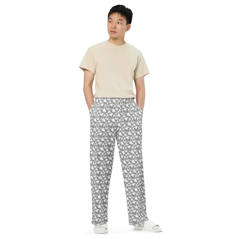 Chic Wide Leg Pants in Grey and White Abstract Pattern